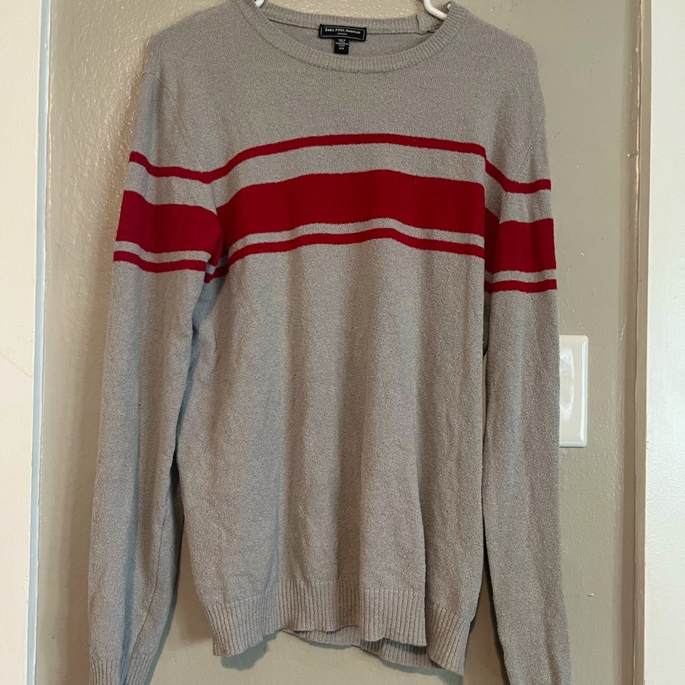 Saks Fifth Avenue gray sweater with red stripes medium cotton blend